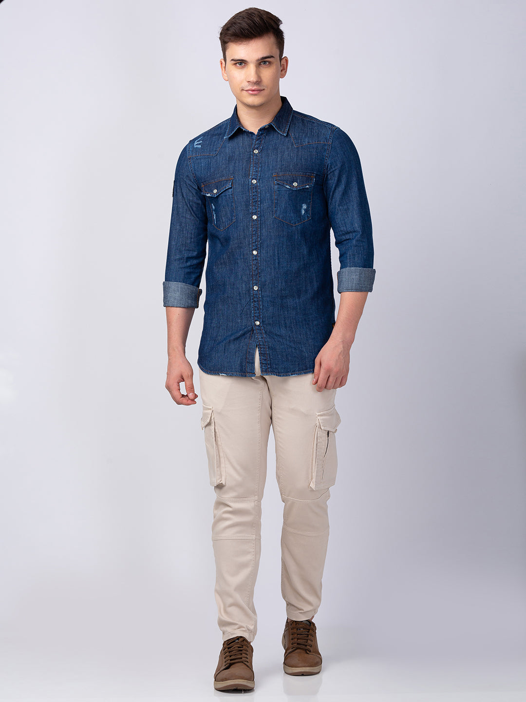 Spykar Men Dark Blue Cotton Slim Fit Denim Shirt