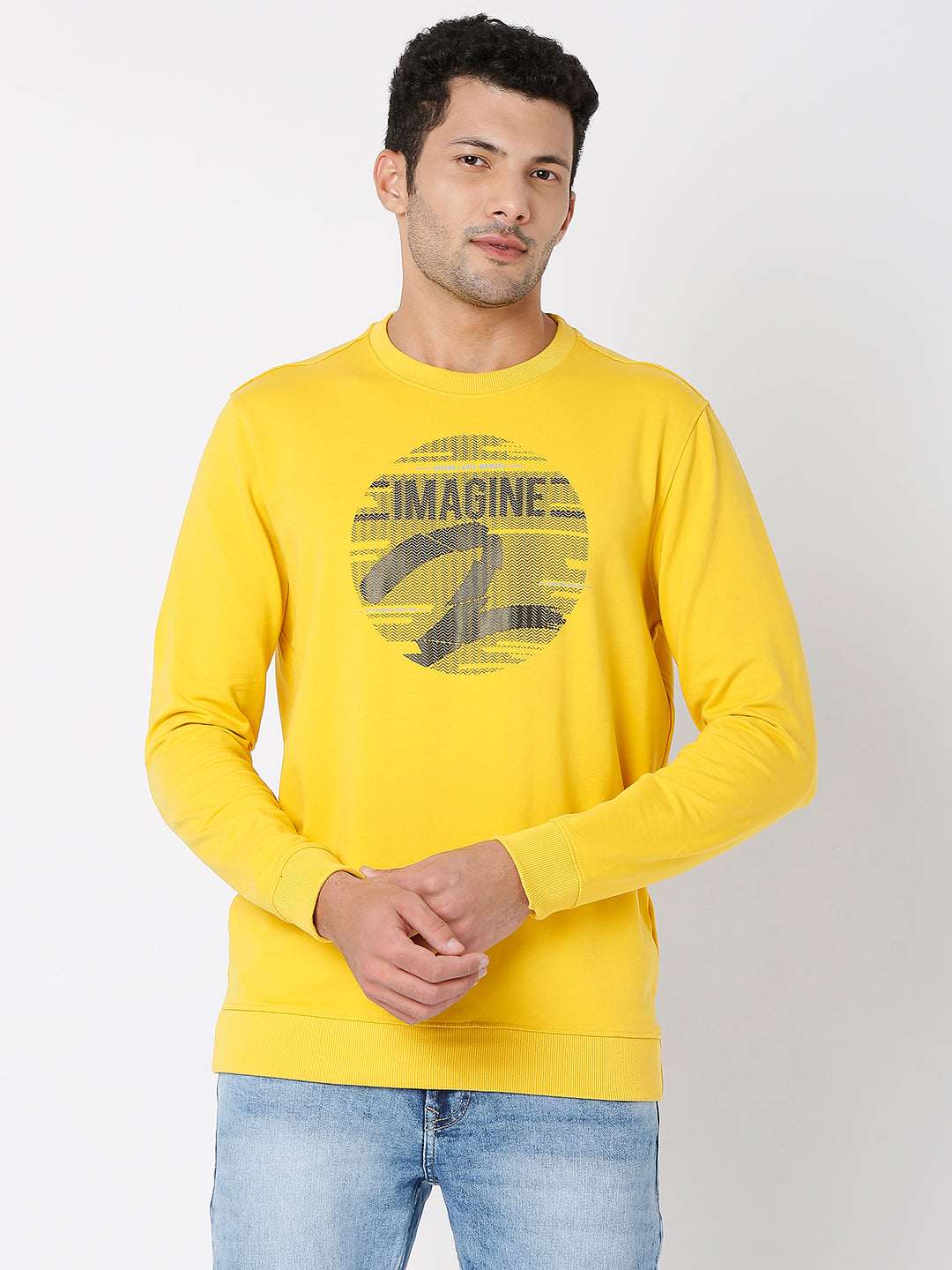 Spykar Men Mustard Cotton Full Sleeve Round Neck Sweatshirt