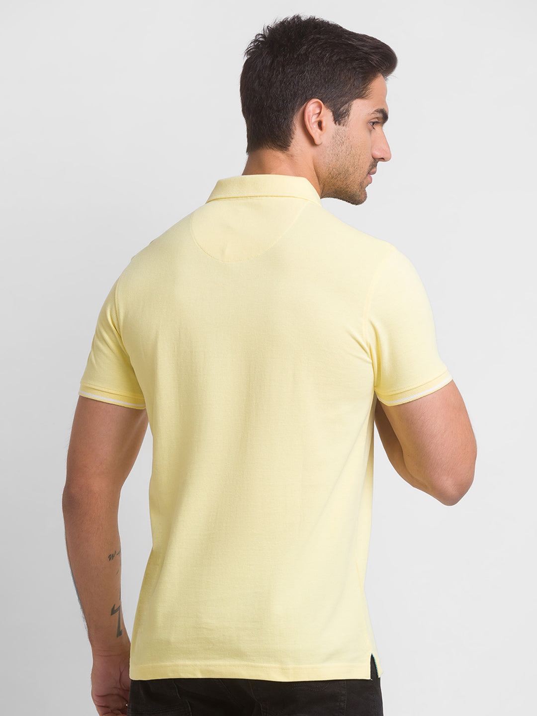 Spykar Butter Yellow Half Sleeve Plain Casual Polo T-Shirt For Men