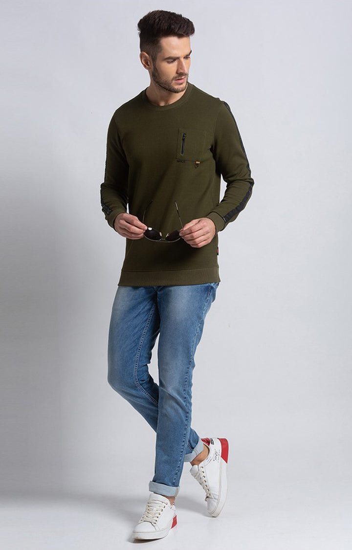 Spykar Green Cotton Slim Fit Sweatshirt For Men