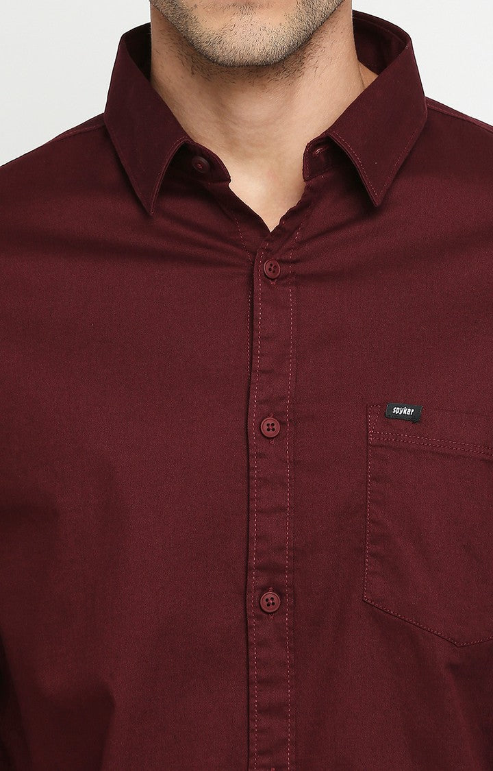 Spykar Wine Red Cotton Full Sleeve Plain Shirt For Men