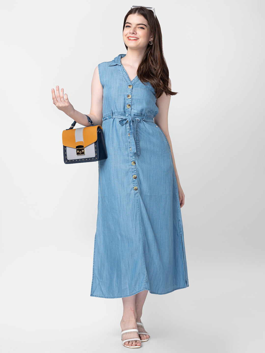 Spykar Women Indigo Blue Cotton Sleeveless Calf Length Denim Dress