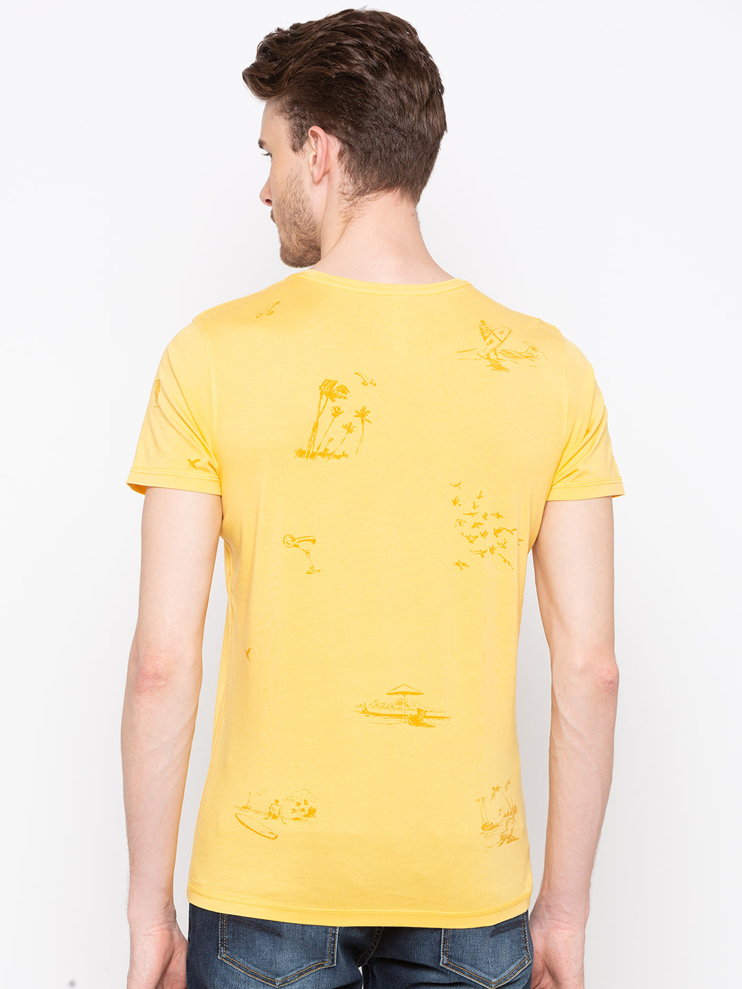 Spykar Yellow Cotton Slim Fit T-Shirt For Men