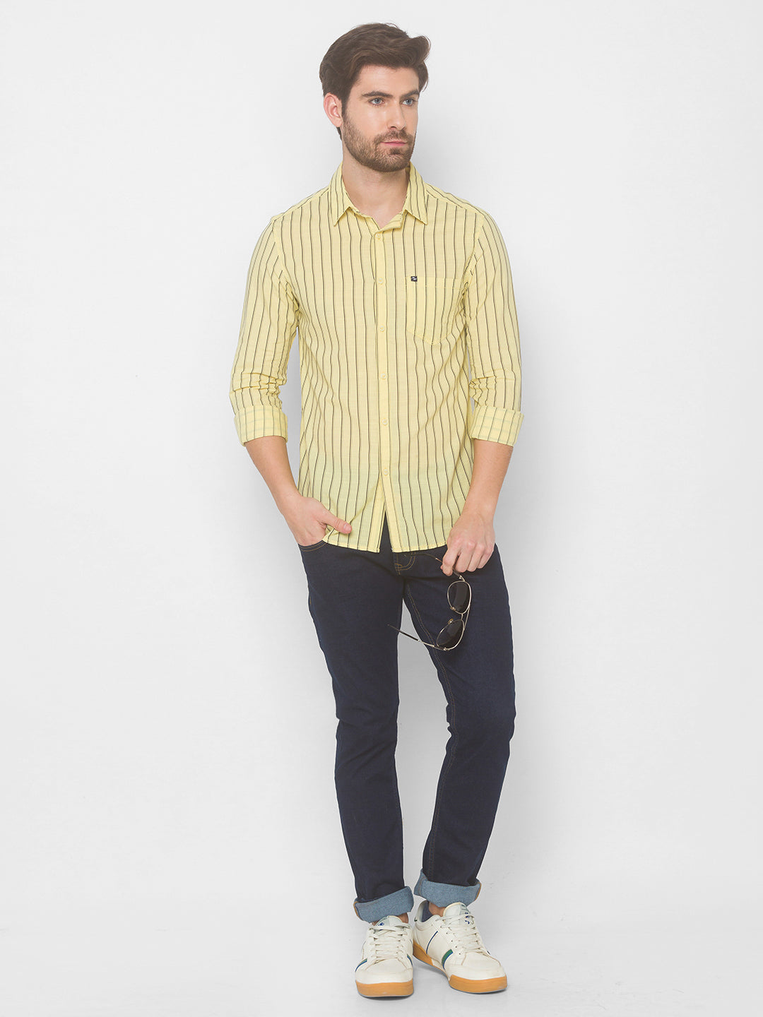 Spykar Men Butter Yellow Cotton Slim Fit Shirt