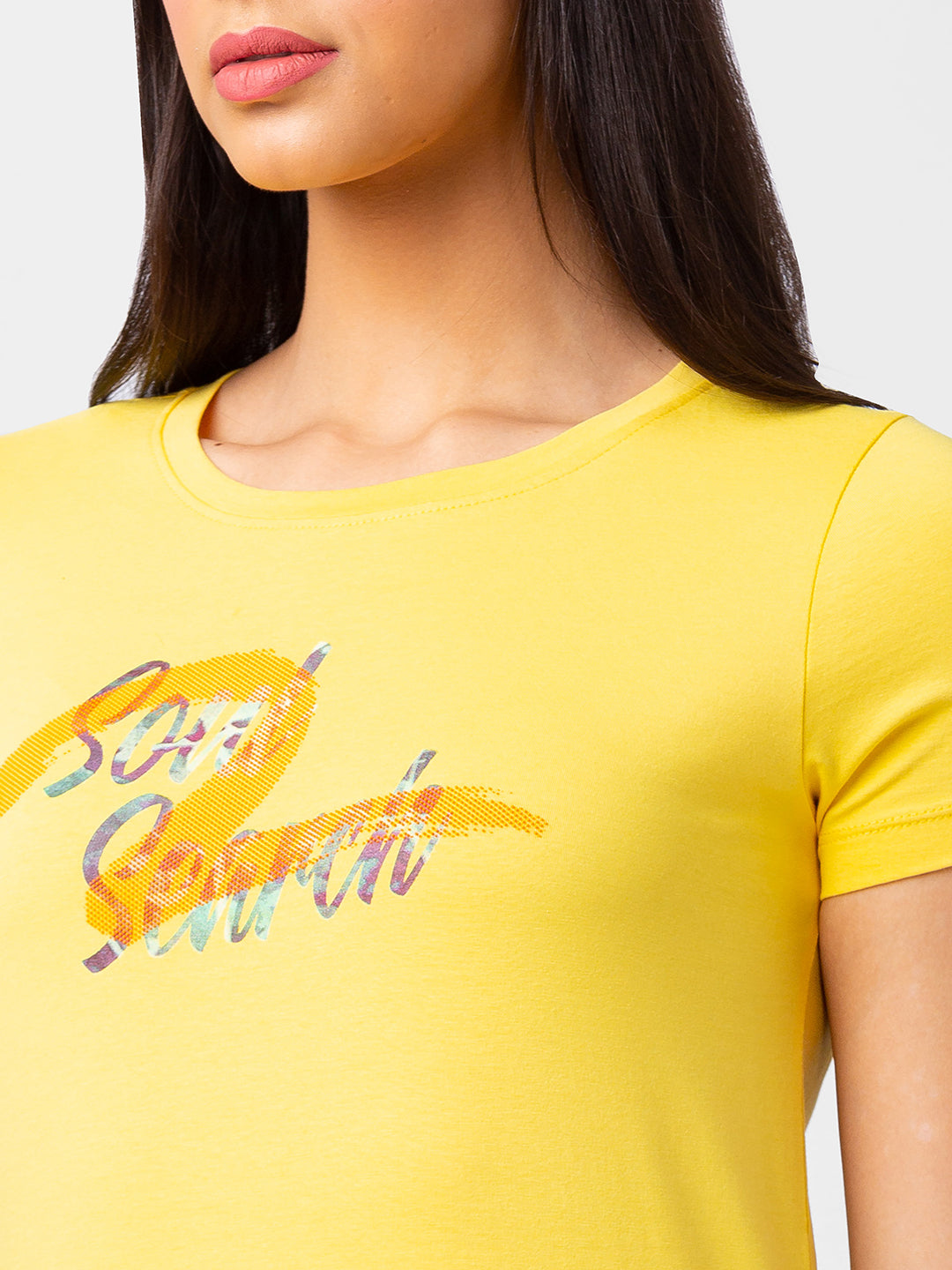 Spykar Women Lemon Yellow Blended Regular Fit Half Sleeve Printed T-Shirts
