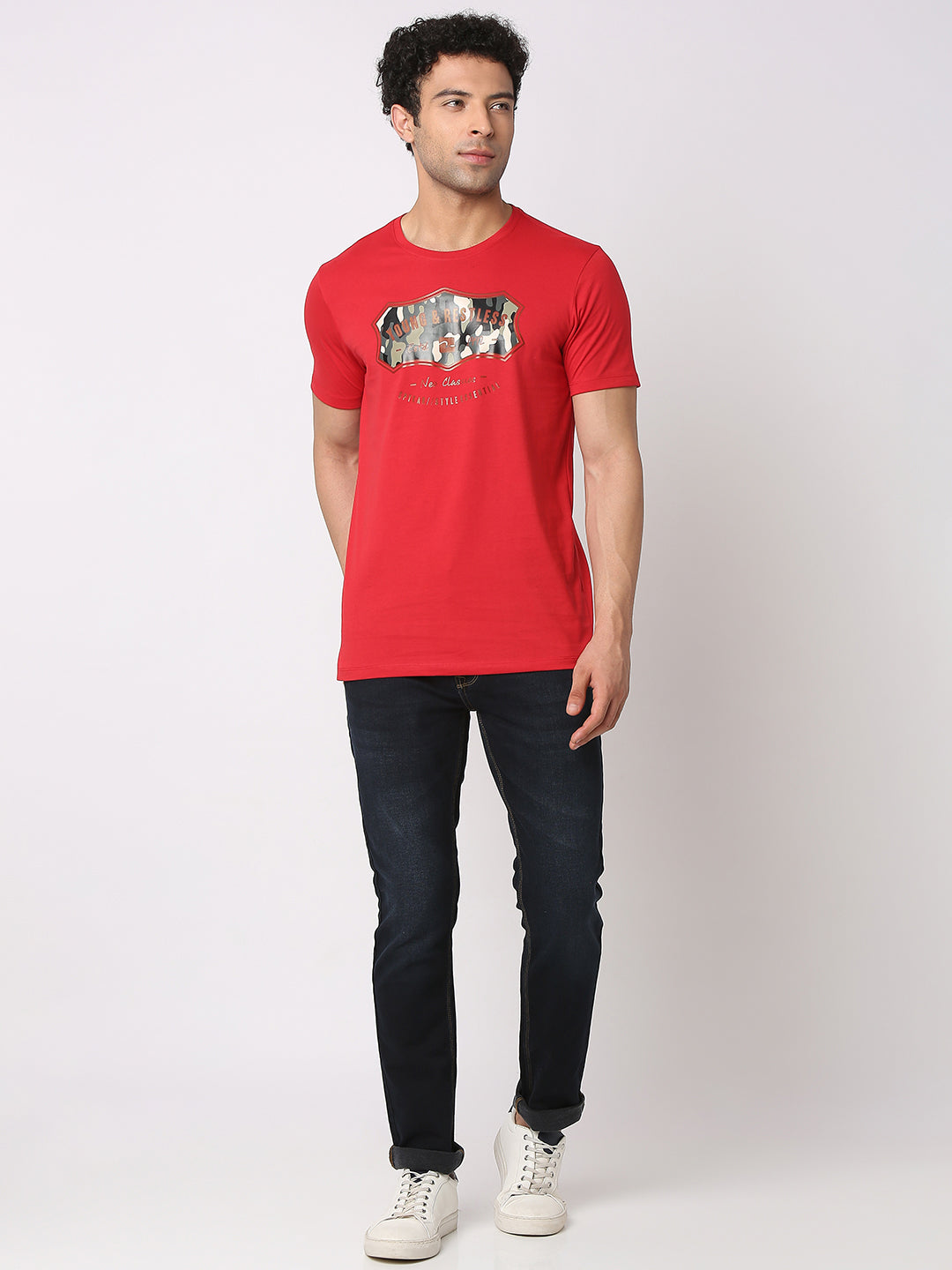 Spykar Men Red Cotton Slim Fit Round Neck Printed T-Shirt