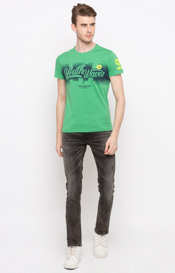 Spykar Green Printed Slim Fit Men T-Shirts