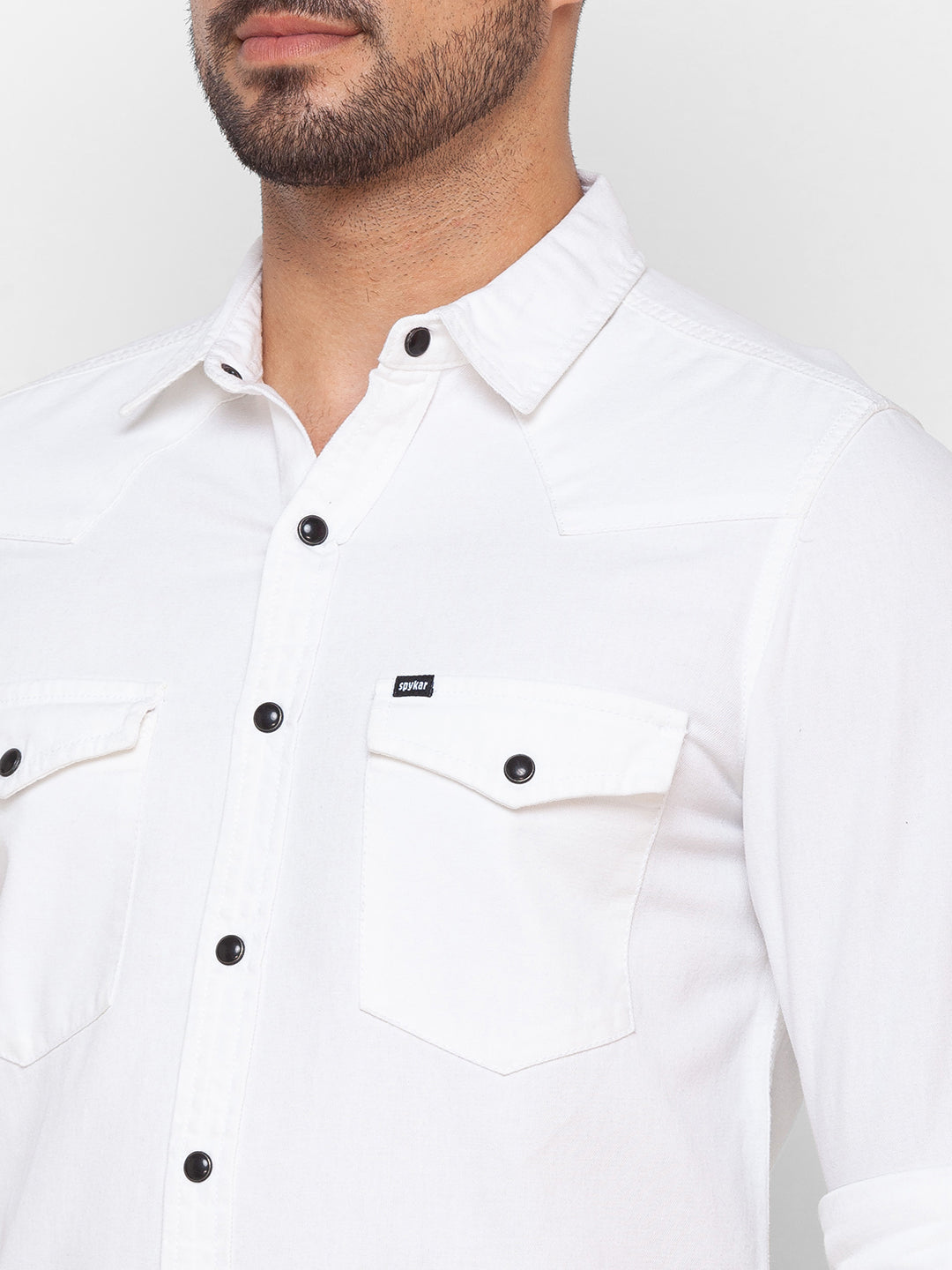 Spykar Pearl White Cotton Full Sleeve Denim Shirt For Men