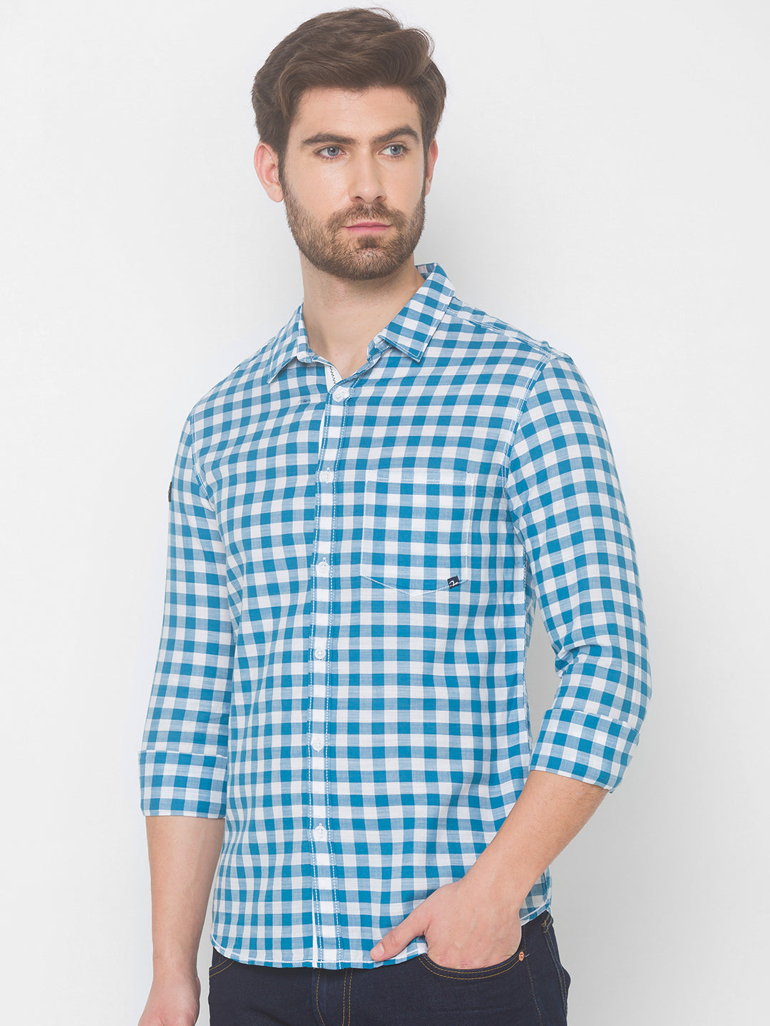 Spykar Men Blue Cotton Slim Fit Shirt