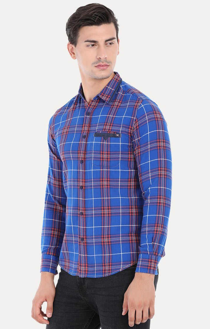 Spykar Men Blue Cotton Slim Fit Full Sleeve Checkered Shirt