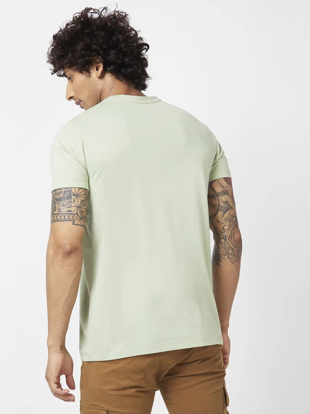 Spykar Men Dustypistagreen Blended Slim Fit Half Sleeve Round Neck Printed Tshirt