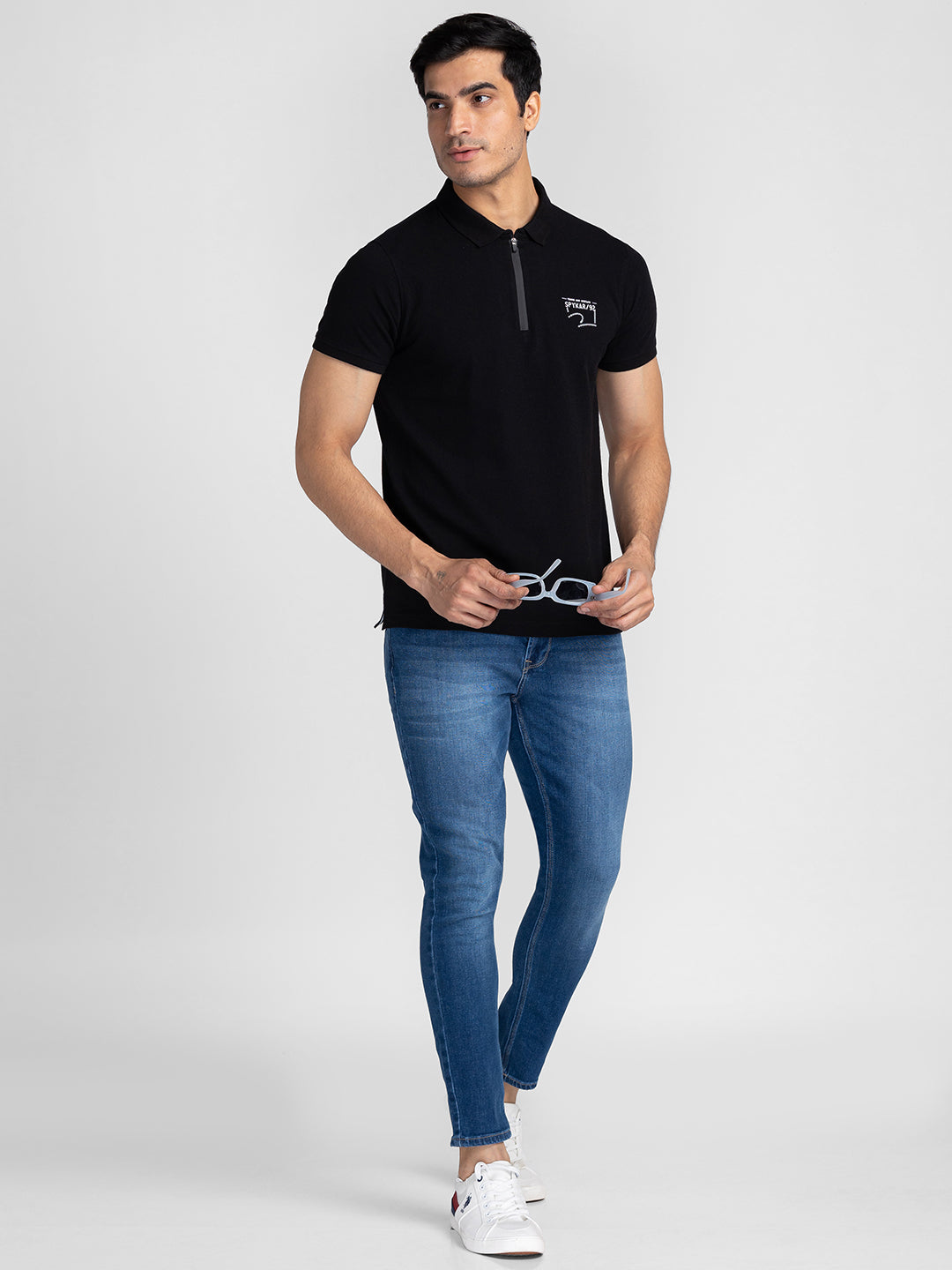 Spykar Men Black Cotton Slim Fit Polo Printed T-Shirt