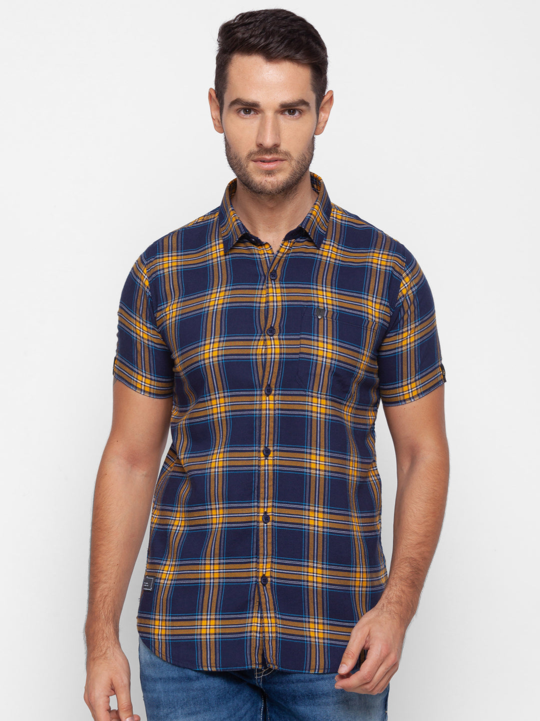 Spykar Slim Fit Yellow Cotton Men Shirt