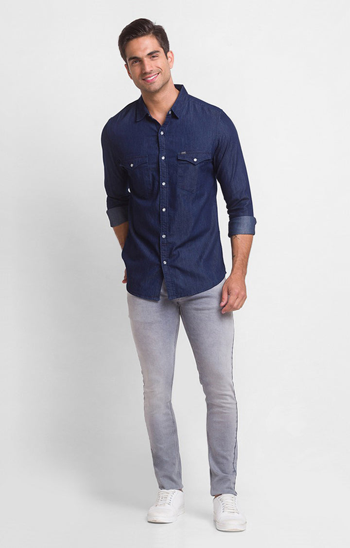 Long Sleeve Blue Jeans Gray Shirt Buy Spykar Dark Blue Cotton Full