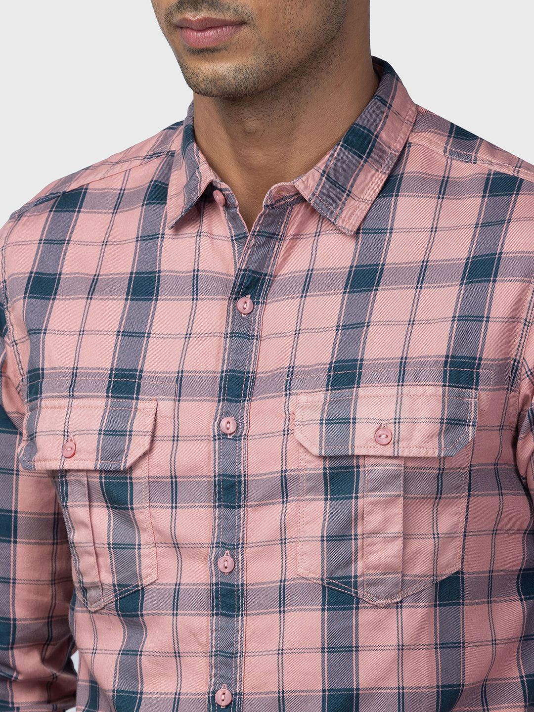 Spykar Men Dusty Pink Cotton Slim Fit Checkered Shirt