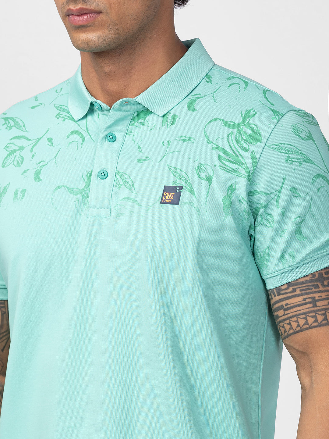 Spykar Men Ice Green Cotton Regular Fit Half Sleeve Printed Polo T-Shirt