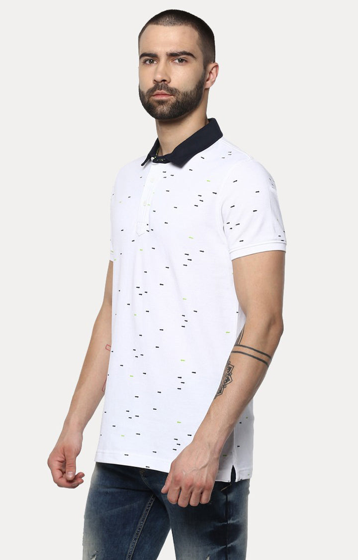 Spykar White Printed Slim Fit Polo T-Shirt