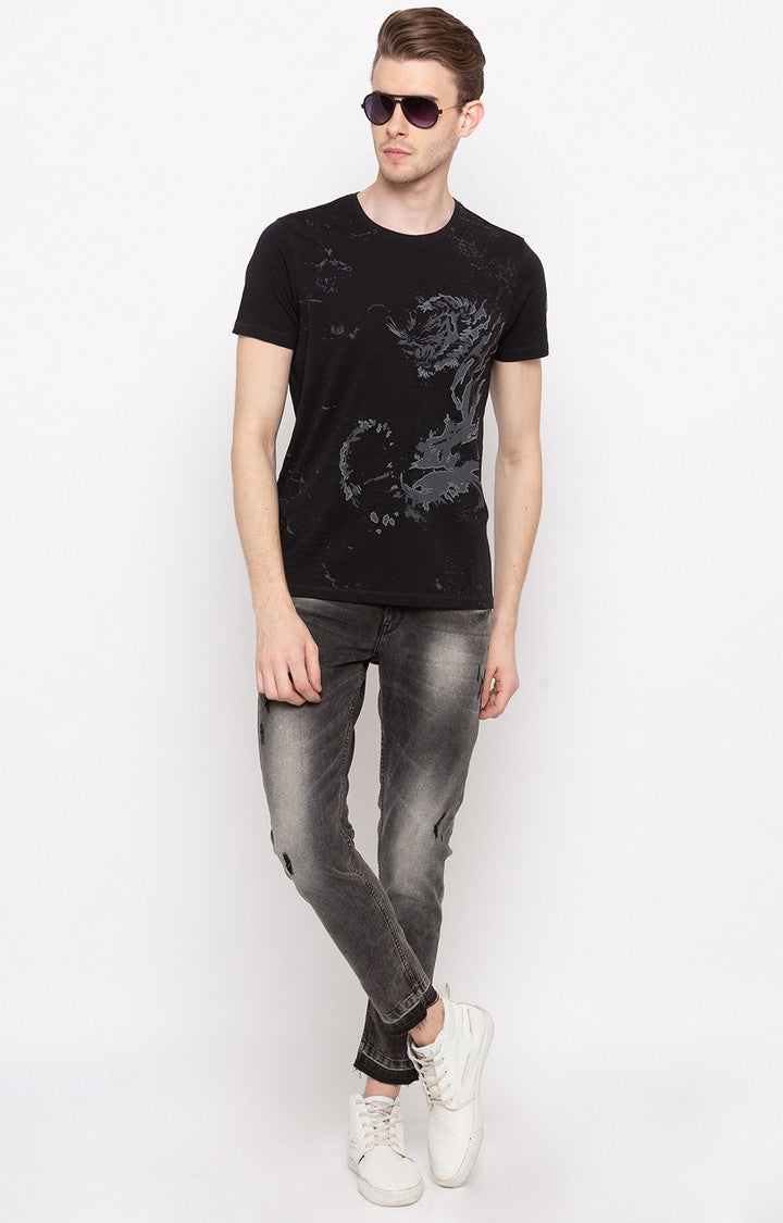 Spykar Black Printed Slim Fit Men T-Shirts