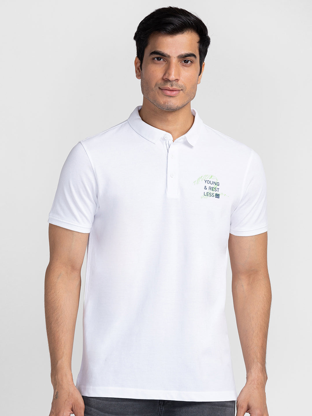 Spykar Men White Cotton Slim Fit Polo Plain T-Shirt