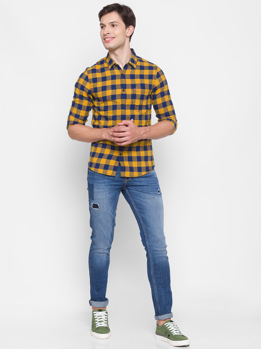 Spykar Slim Fit Yellow Cotton Men Shirt