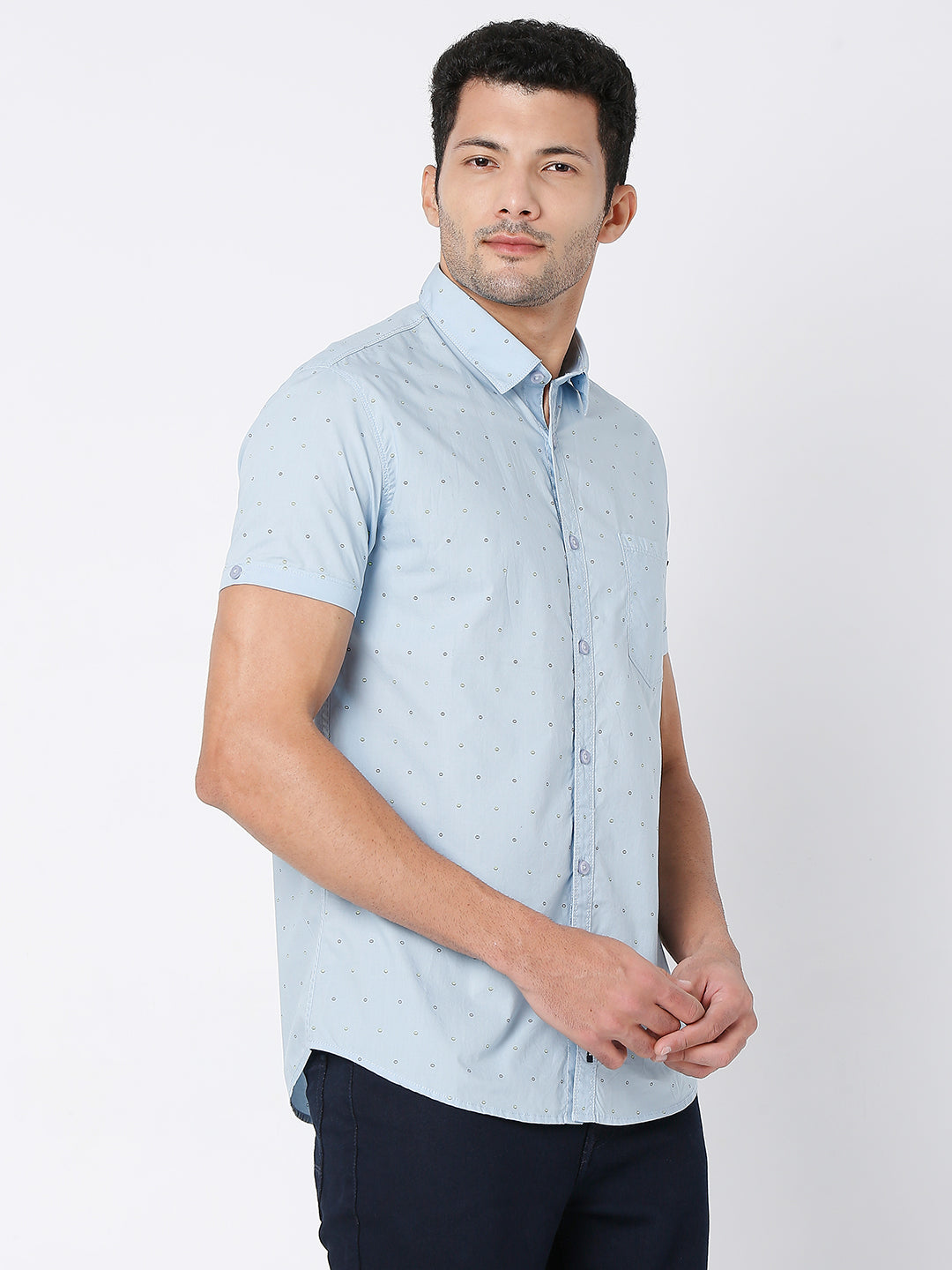 Spykar Men Blue Cotton Half Sleeve Printed Shirt