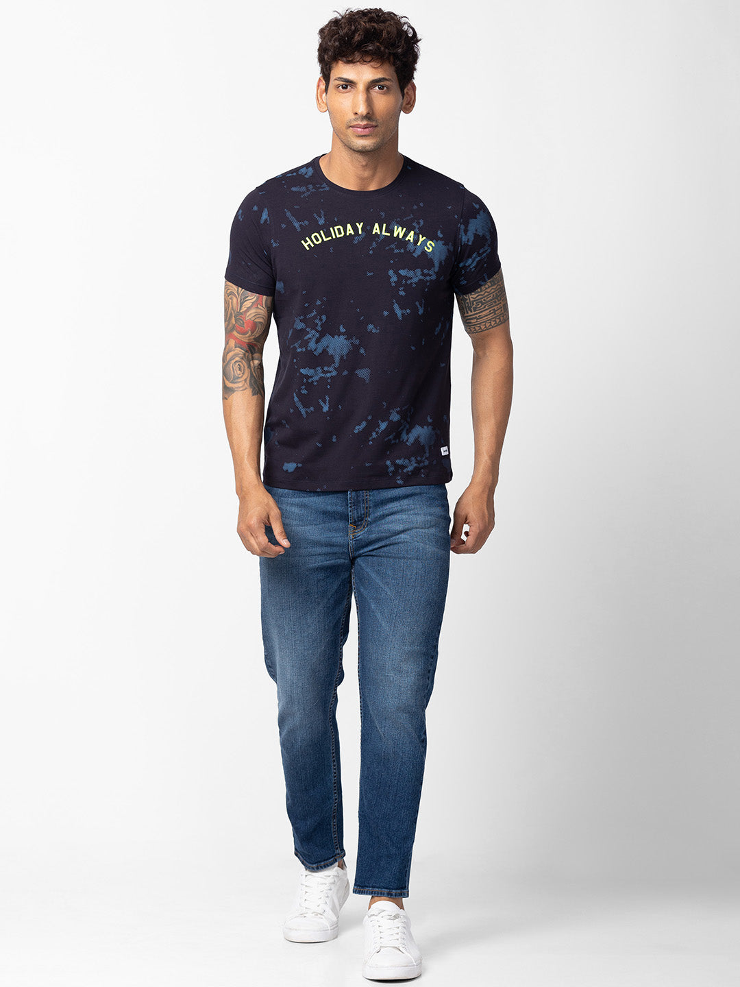 Spykar Men Navy Blue Cotton Regular Fit Half Sleeve Printed T-Shirt