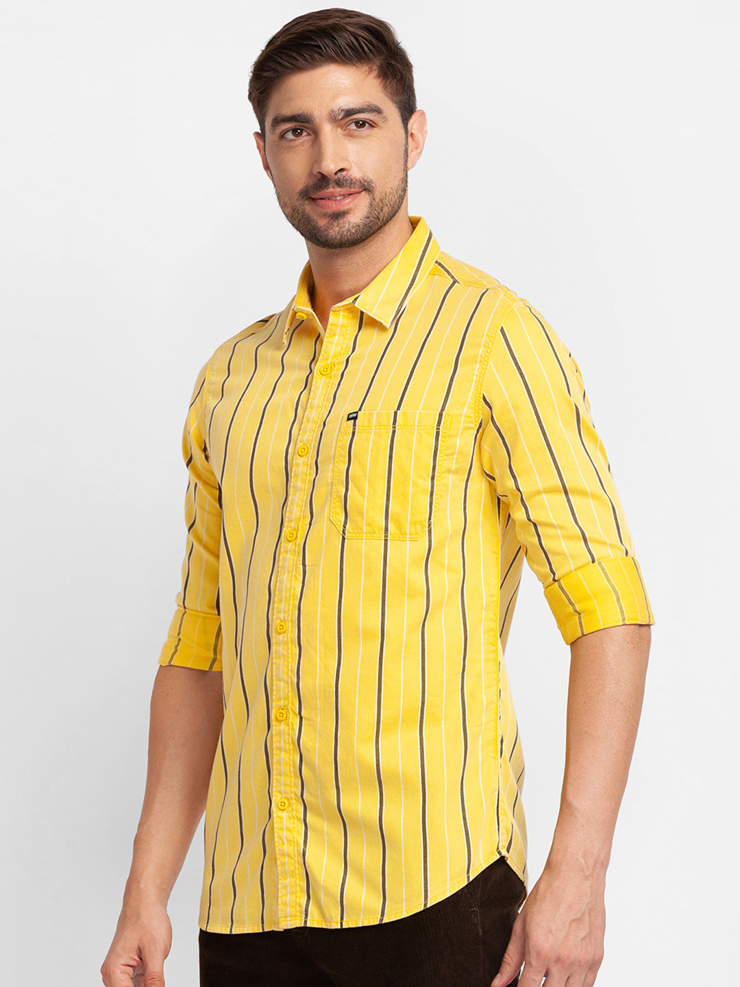 Spykar Yellow Cotton Full Sleeve Stripes Shirt For Men