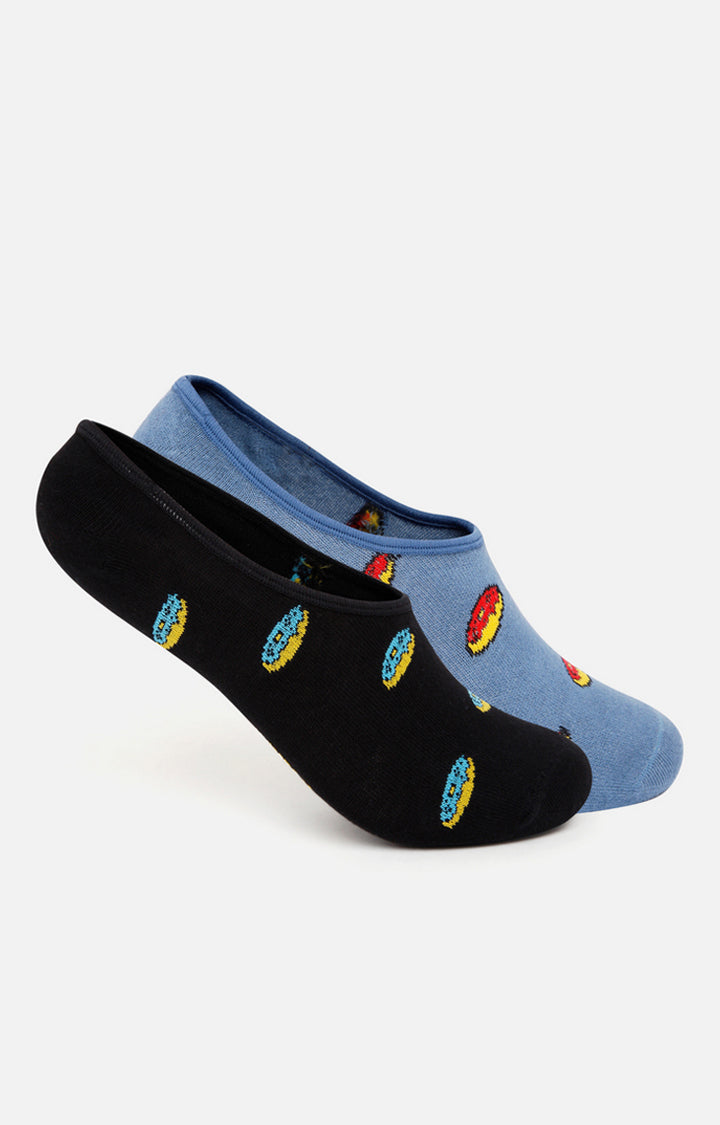 Spykar Black & Blue Cotton Ped Socks - Pack Of 2