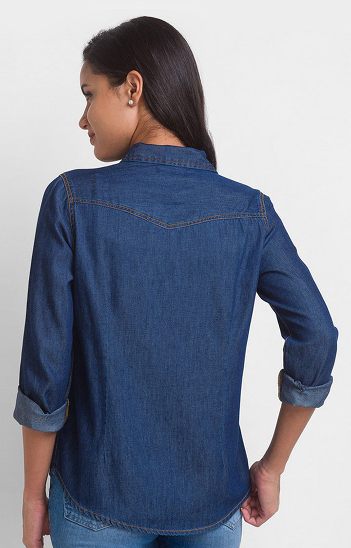 Spykar Mid Blue Cotton Full Sleeve Denim Shirts For Women