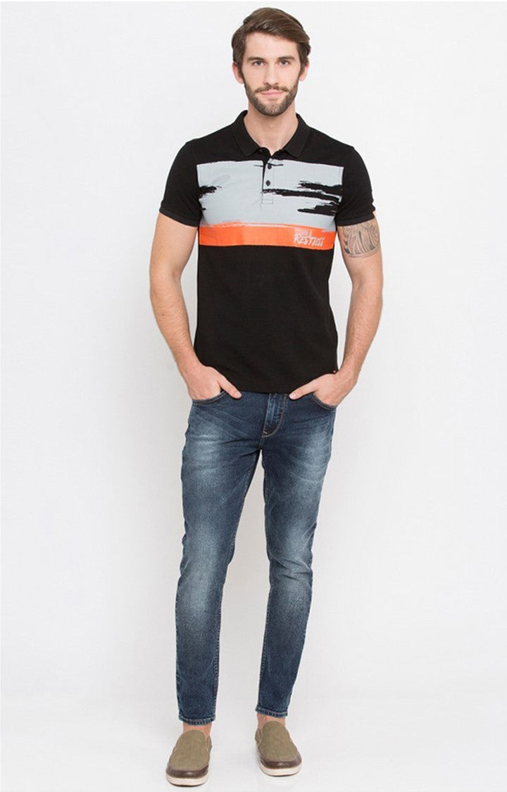 Spykar Black Printed Slim Fit Polo T-Shirt