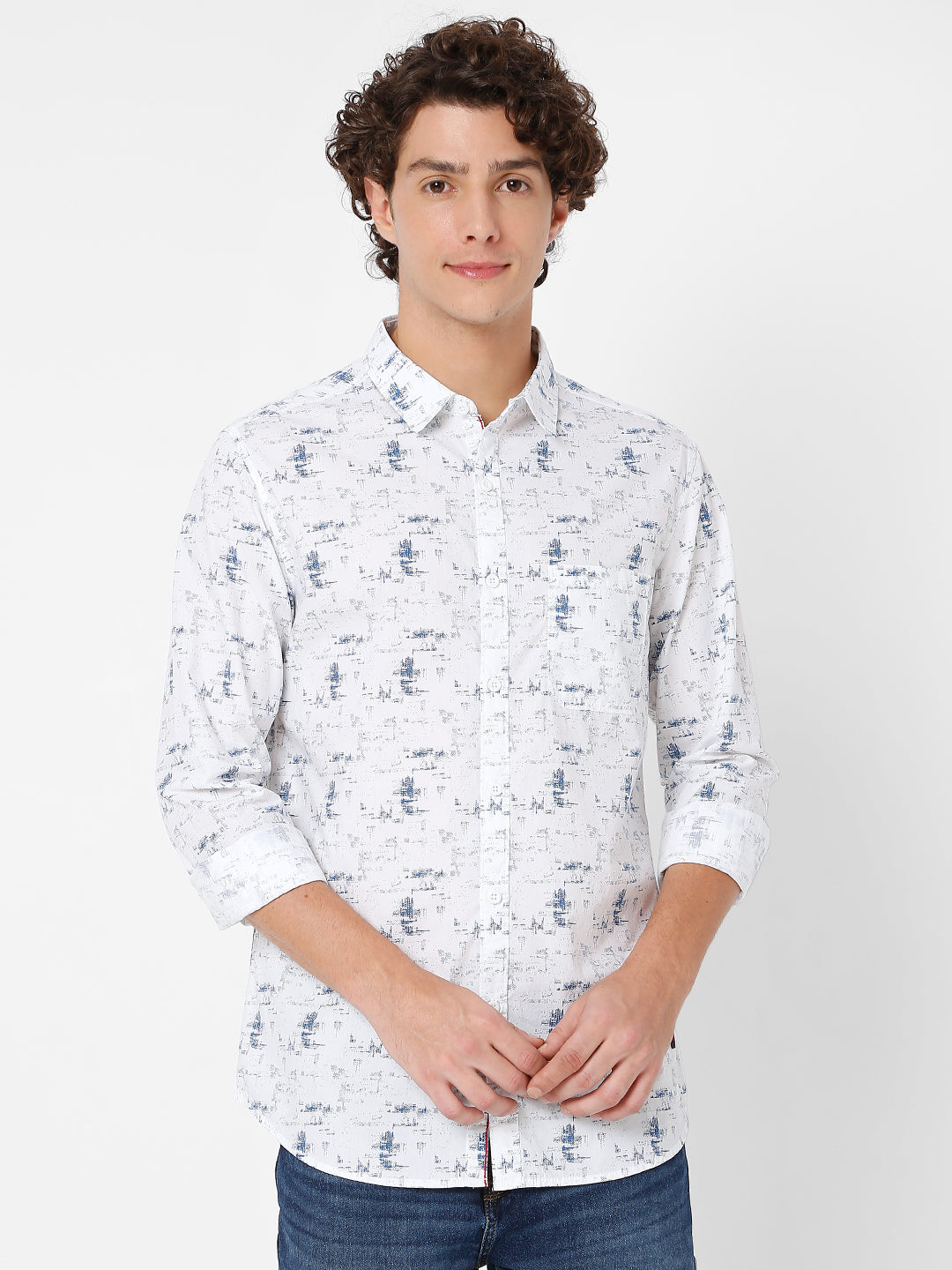 Spykar White Cotton Full Sleeve Printed Shirt For Men