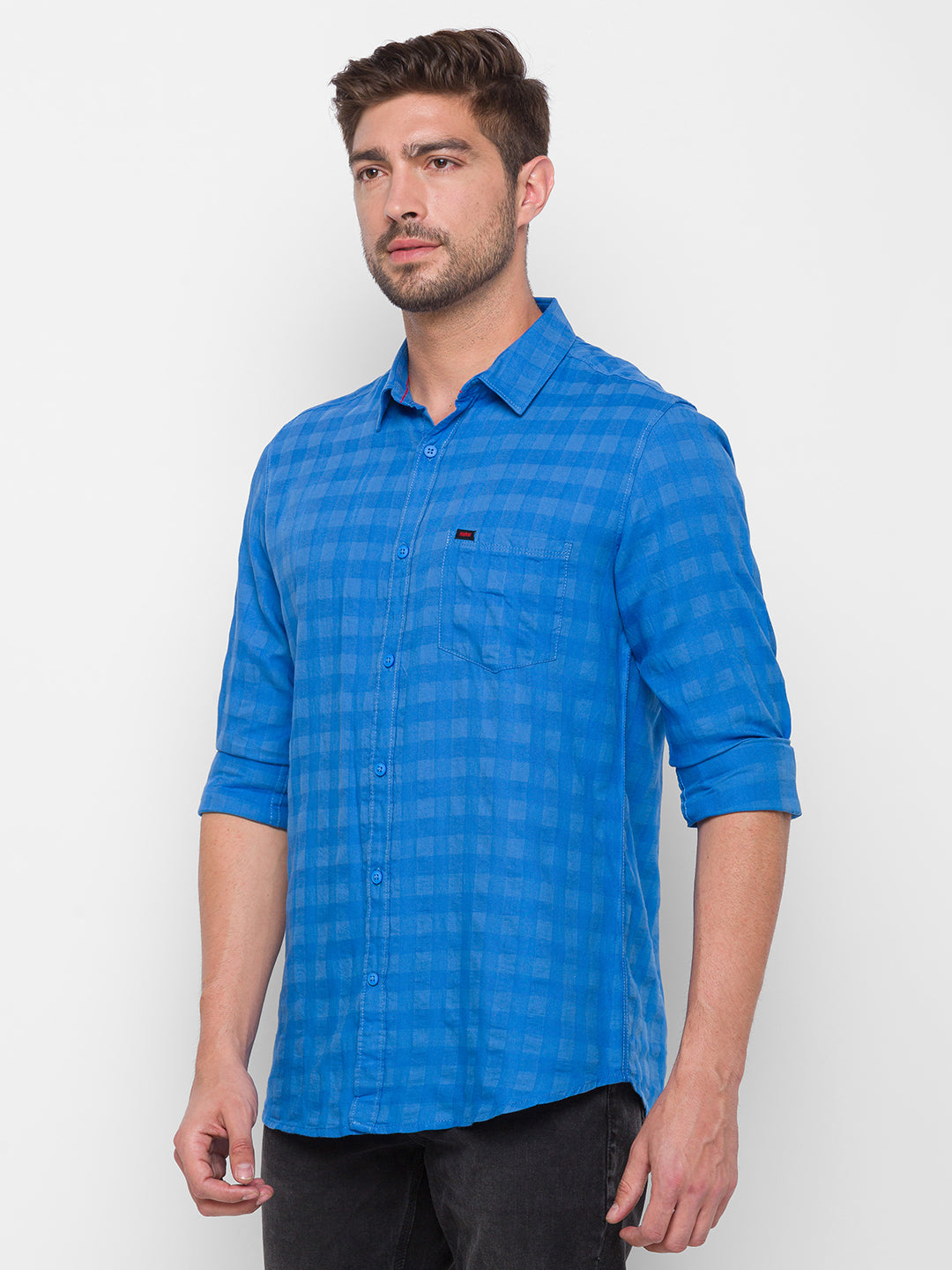 Spykar Blue Cotton Slim Fit Shirts For Men