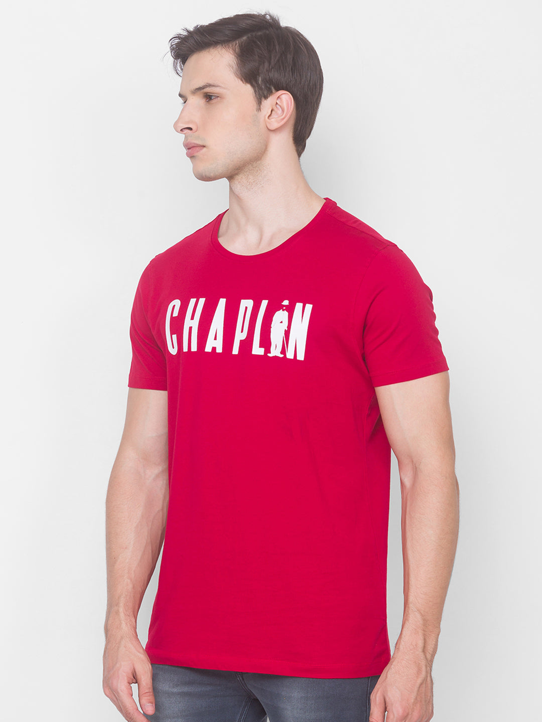 Charlie Chaplin Spykar Men Red Cotton Slim Fit Round Neck T-Shirt