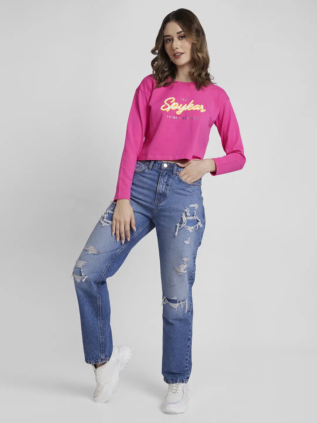 Spykar Women Mid Blue Cotton Straight Fit Regular Length Highly Distressed Jeans -(Bella)