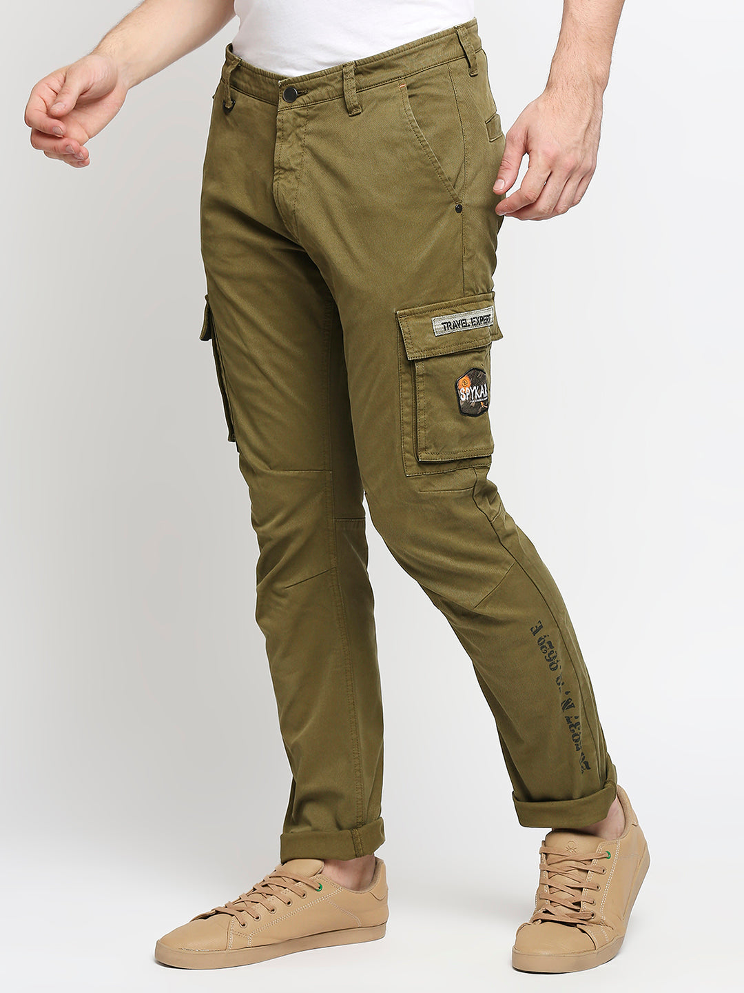 Spykar Men Military Green Solid Slim Mid-Rise Trousers