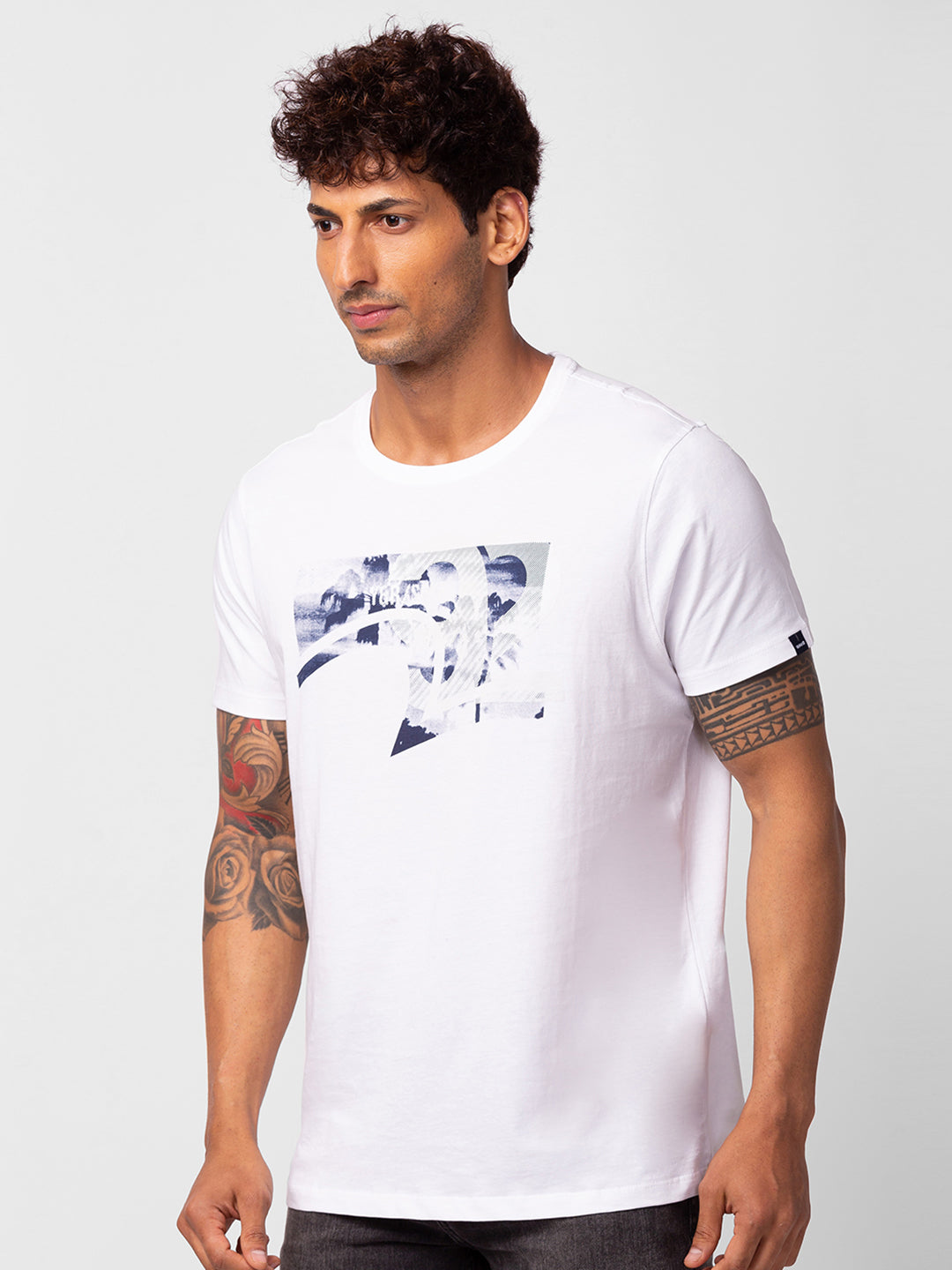 Spykar Men White Cotton Regular Fit Half Sleeve Printed T-Shirt