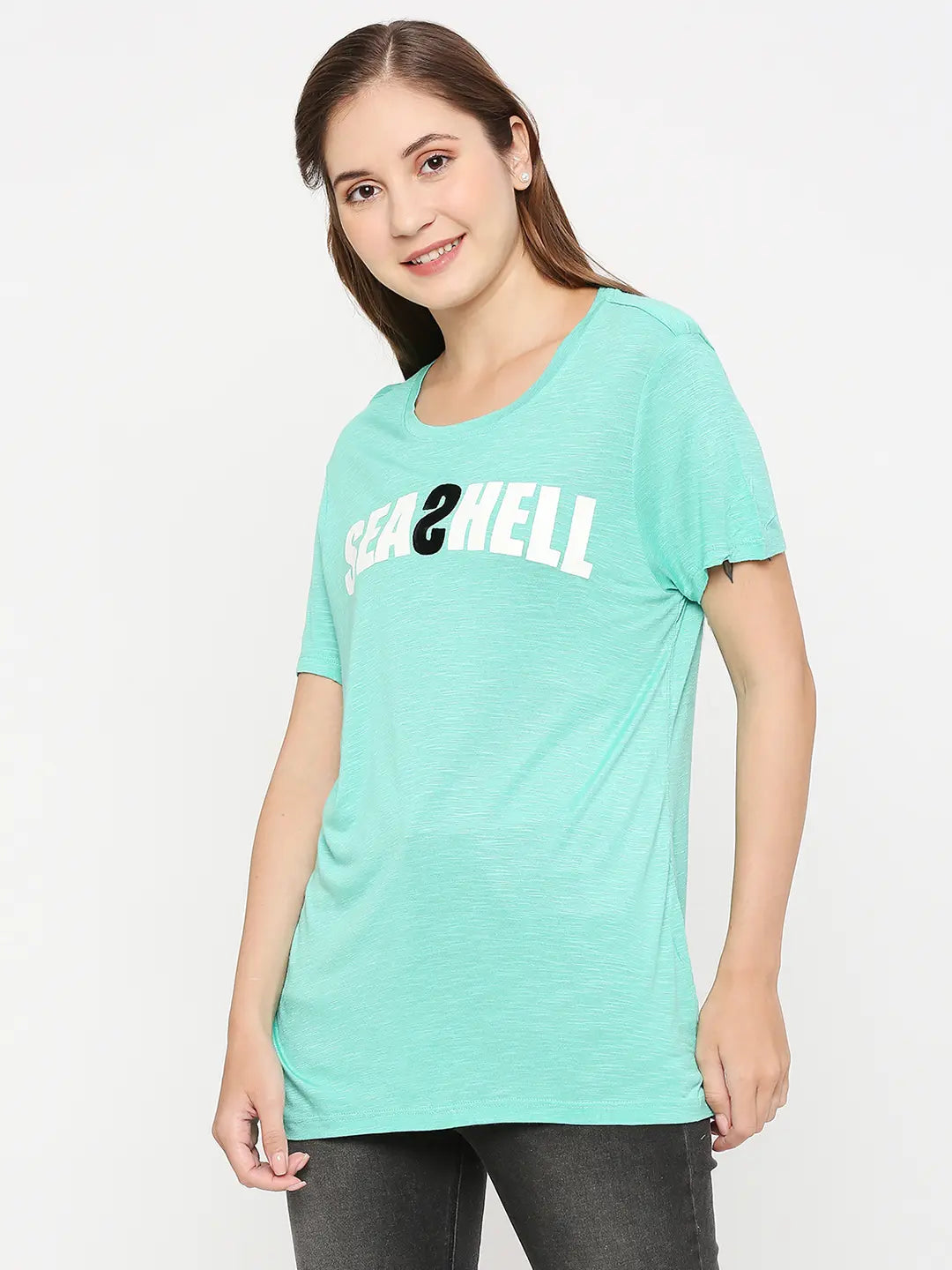 Spykar Women Green Cotton Slim Fit Round Neck Printed Tshirt