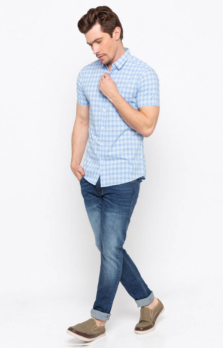 Spykar Men'S Blue Cotton Checked Casual Shirts