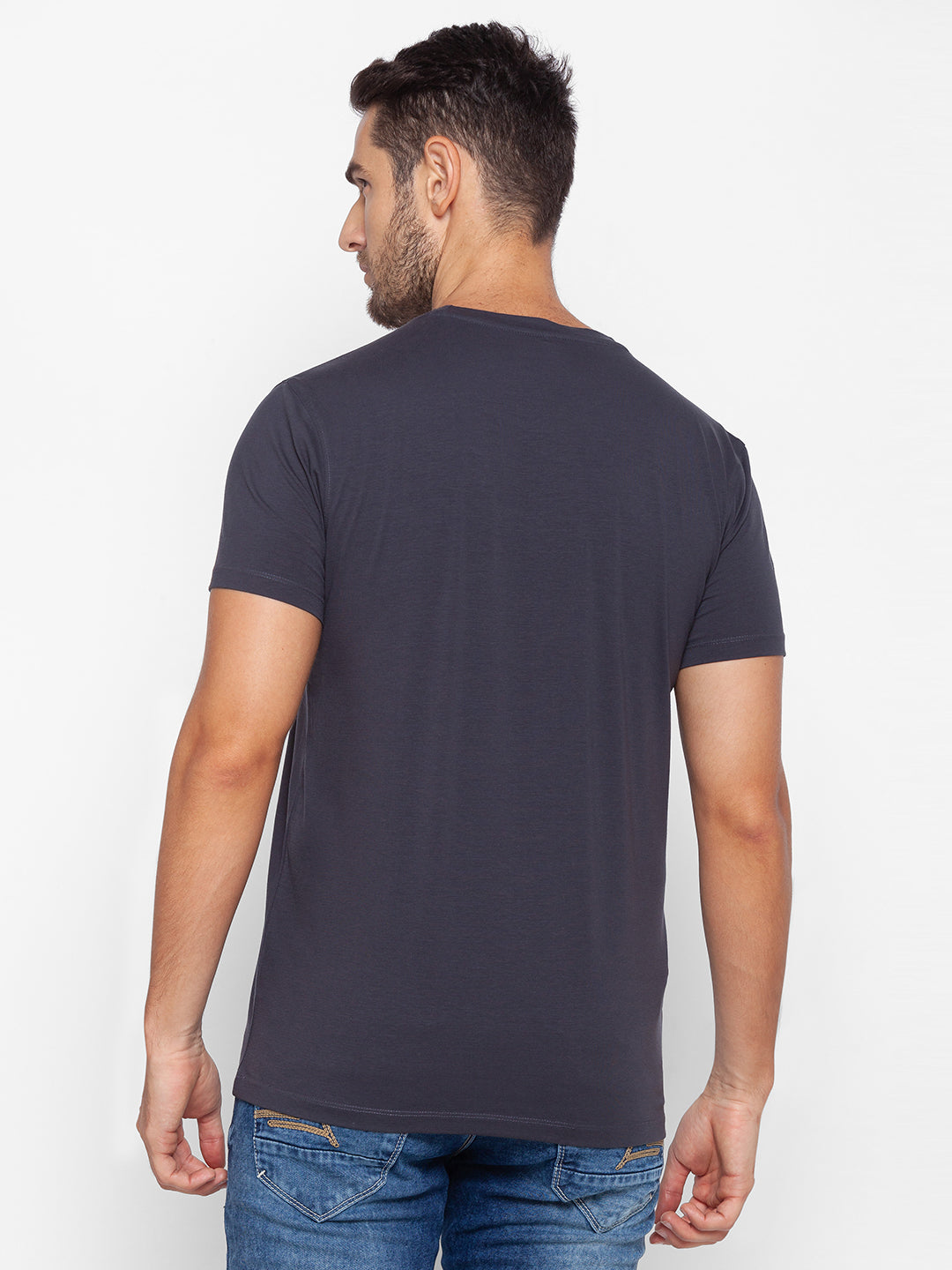 Spykar Men Grey Cotton Slim Fit Round Neck T-Shirt