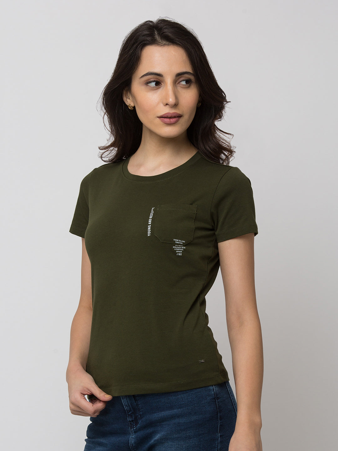 Spykar Women Green Lycra Regular Round Neck T-Shirt