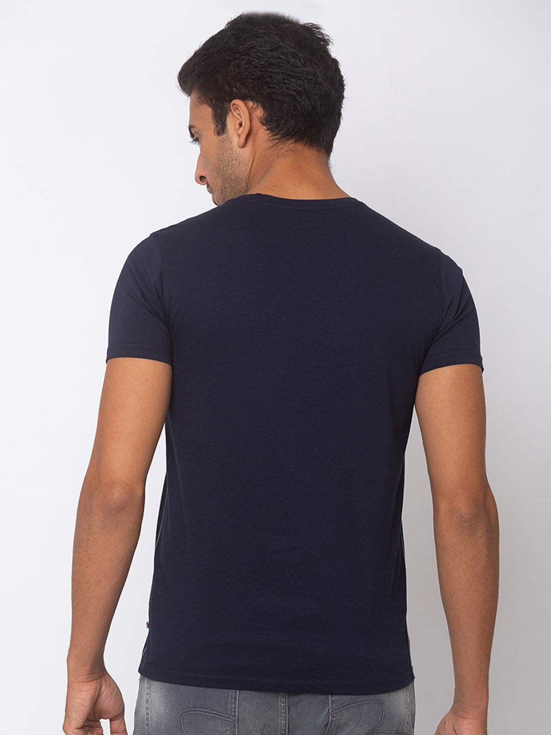 Spykar Men Blue Cotton Slim Fit Round Neck T-Shirt