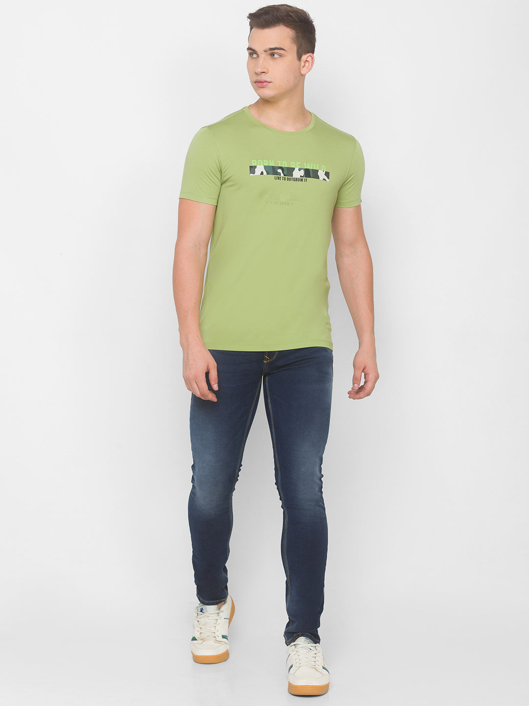 Spykar Men Green Cotton Slim Fit Round Neck T-Shirt