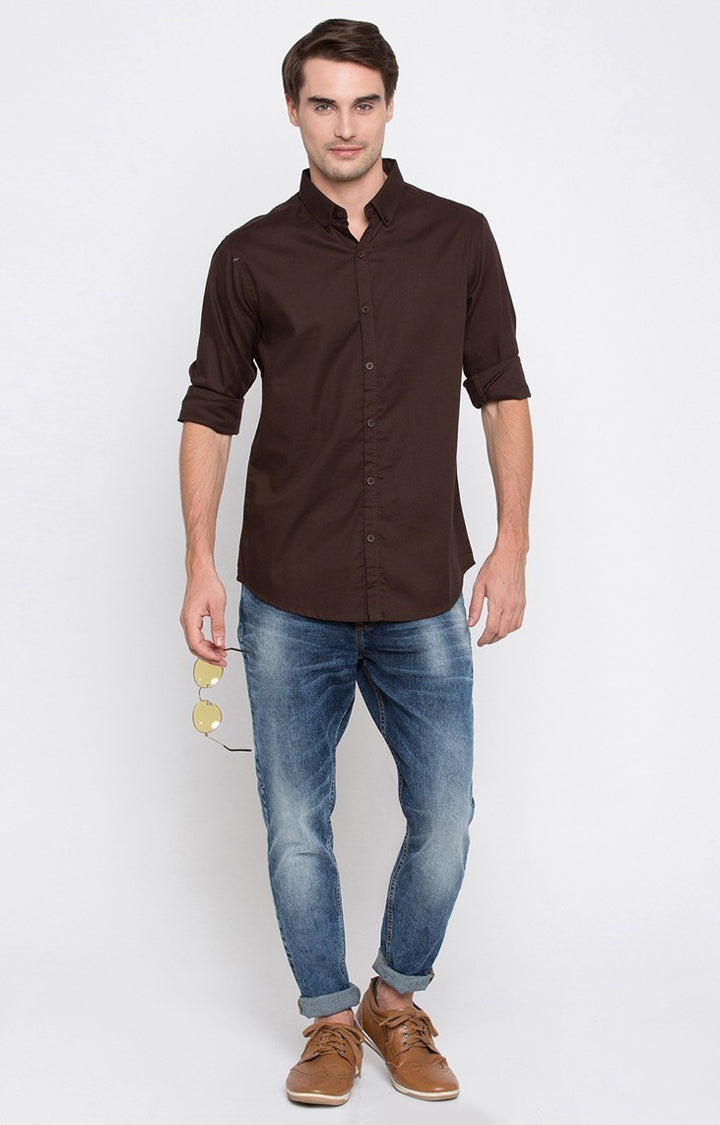 Spykar Men'S Brown Cotton Solid Casual Shirts