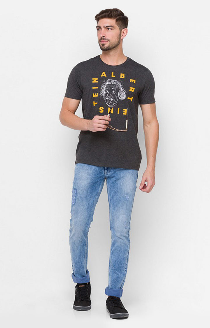 Albert Einstein By Spykar Grey Cotton Slim Fit T-Shirt For Men