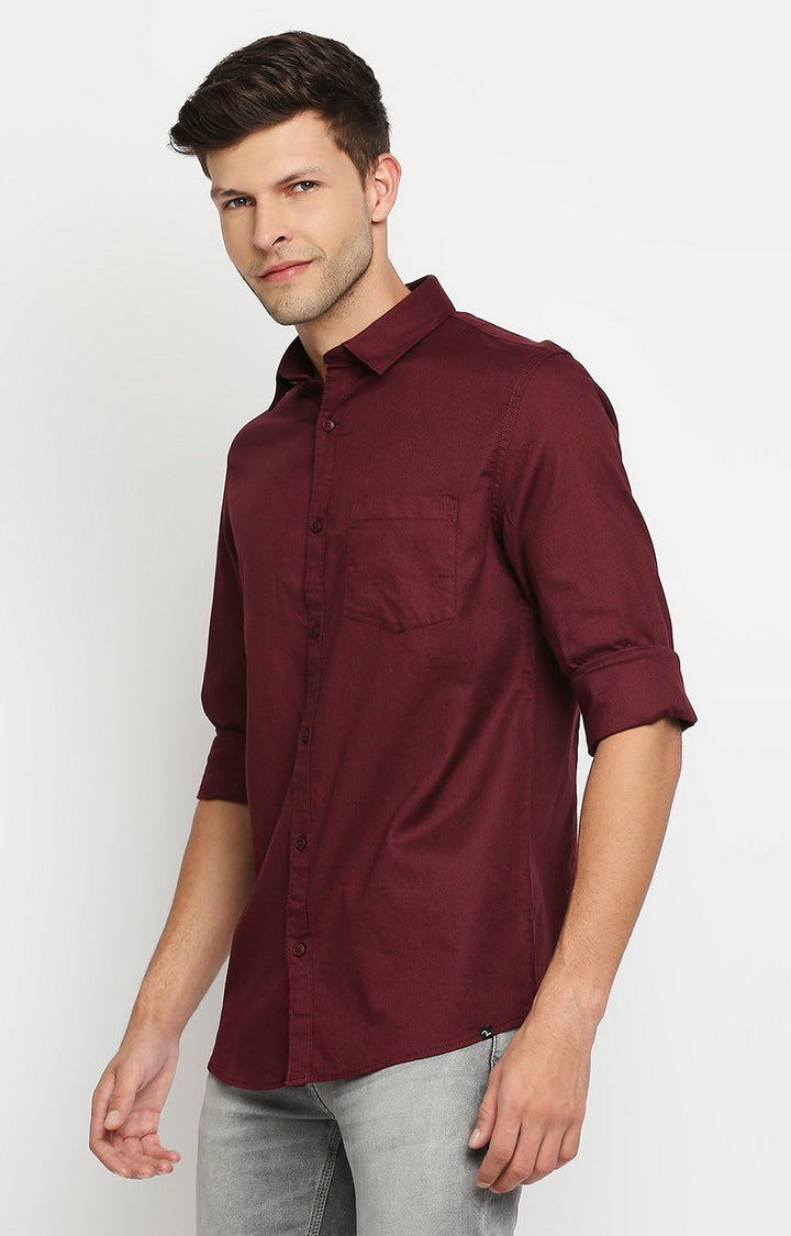 Spykar Men Maroon Slim Fit Full Sleeve Solid Shirt