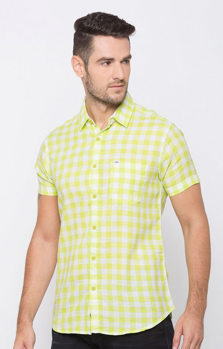 Spykar Men Lime Yellow Cotton Slim Fit Checkered Shirt