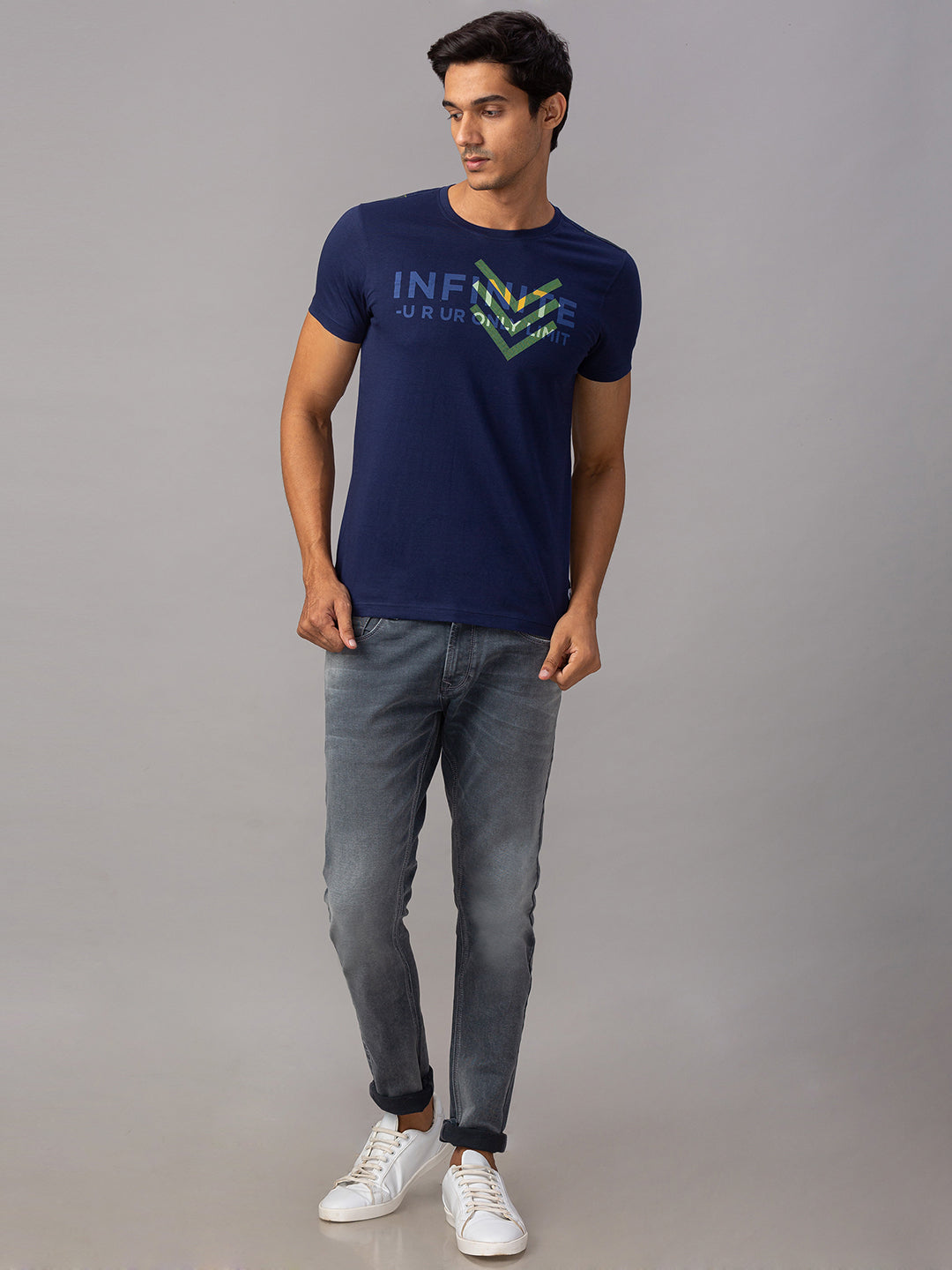 Spykar Men Blue Cotton Slim Fit Round Neck T-Shirt