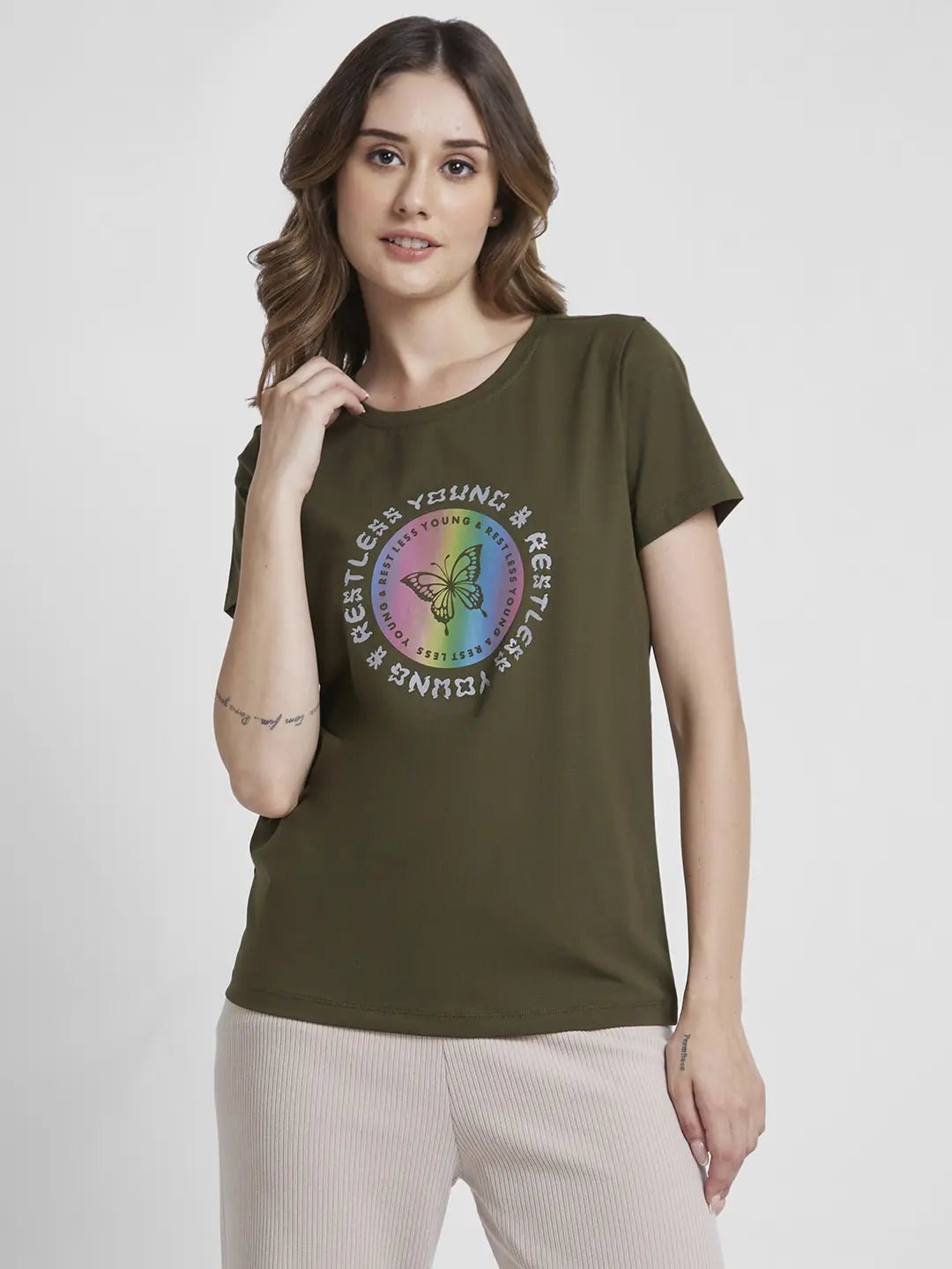 Spykar Women Olive Green Blended Regular Fit Half Sleeve Round Neck Printed Tshirt