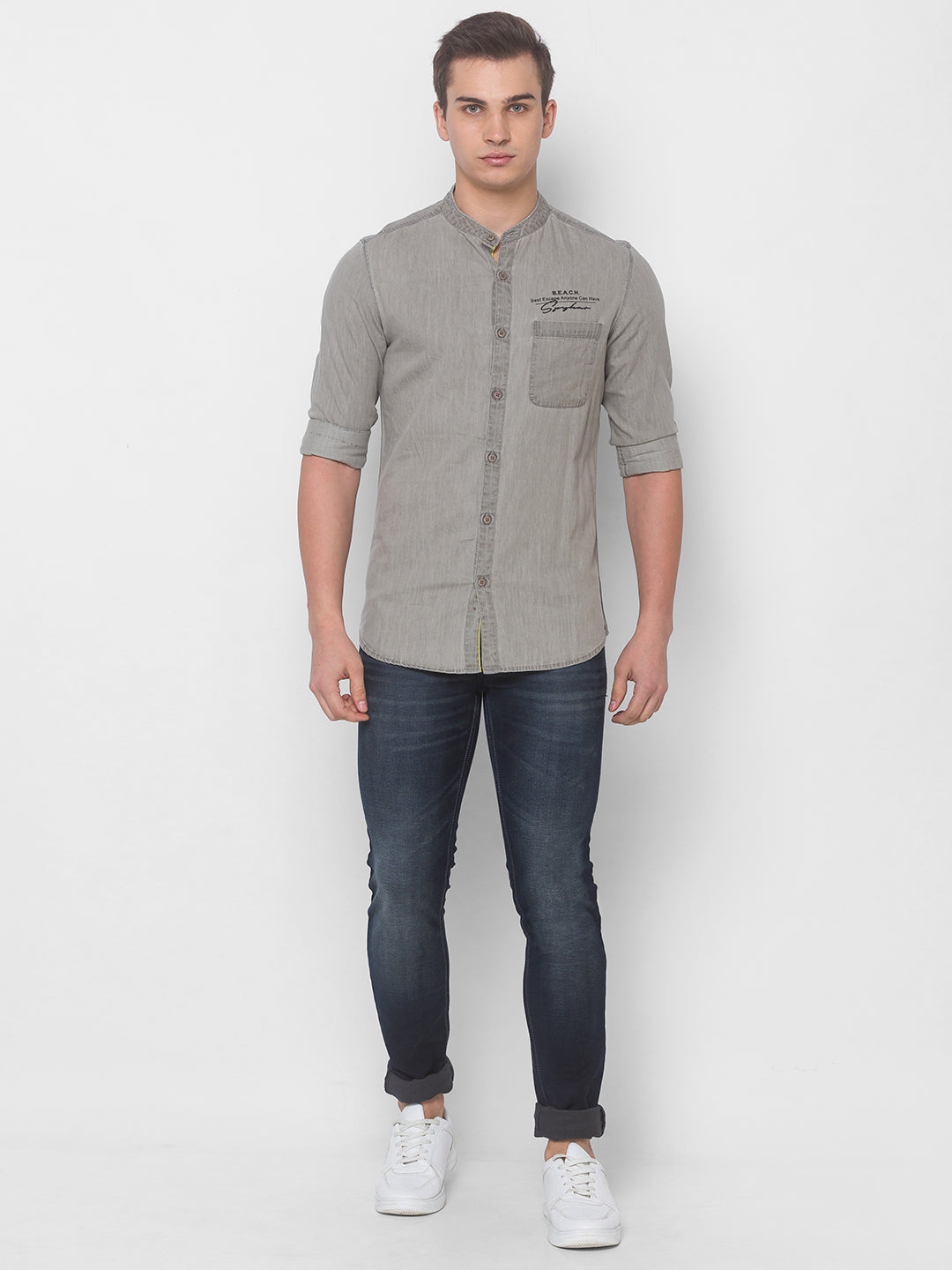 Spykar Men Ash Grey Cotton Shirts (Slim)