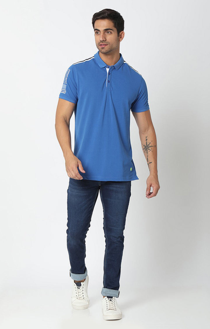 Spykar Men Blue Cotton Plain Polo T-Shirt